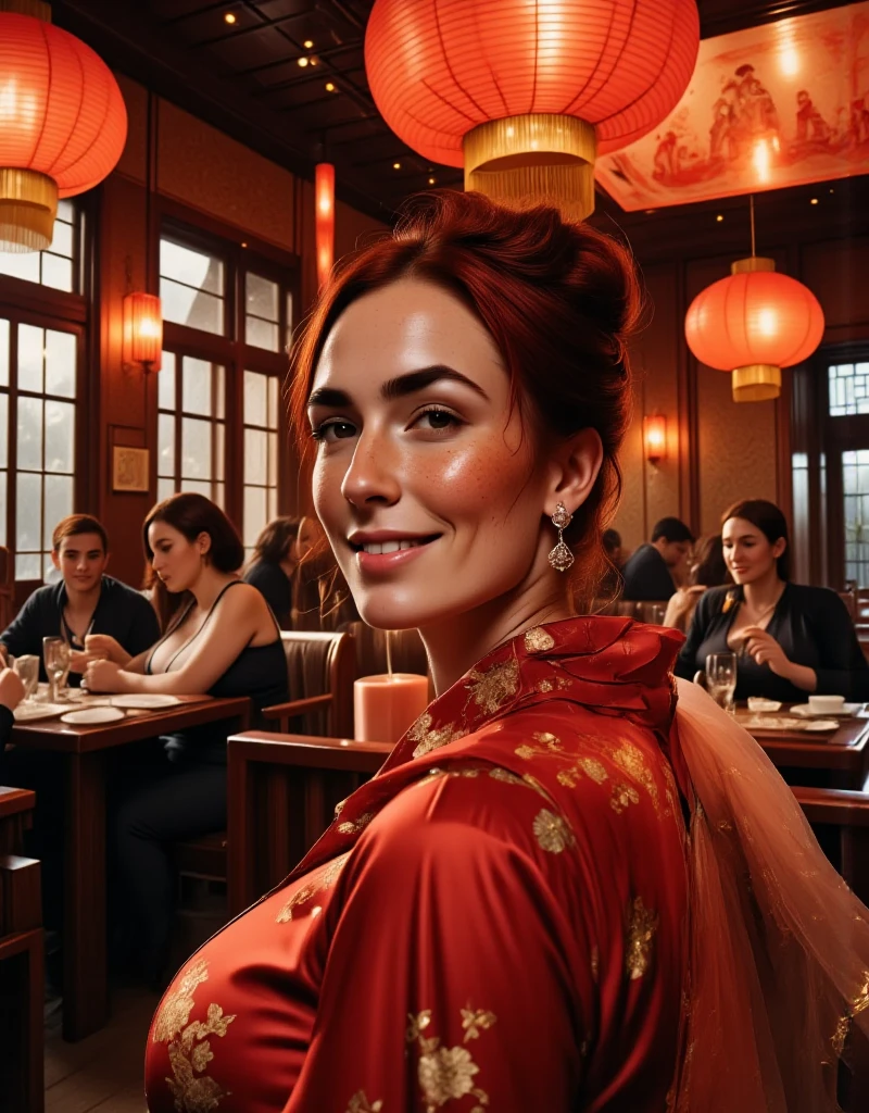 Photorealistic, cinematic style, low angle picture of a beautiful British woman celebrating Chinese New year inside a chinese restaurant. Late evening, dark. (Dynamic pose: 1.5), she is smiling. She has Brown eyes, downturned eye shape, light skin and freckles, reddish-brown hair, elegant gathered up hairstyle. Traditional Red silk cheongsam. white pearl earrings. Large red paper lanterns. Red pillars. Red paper decorations hung from the ceiling. Red carpet, red dragon decoration. ((Theme colour is red)). perfect hand,HDR, intricate details ,