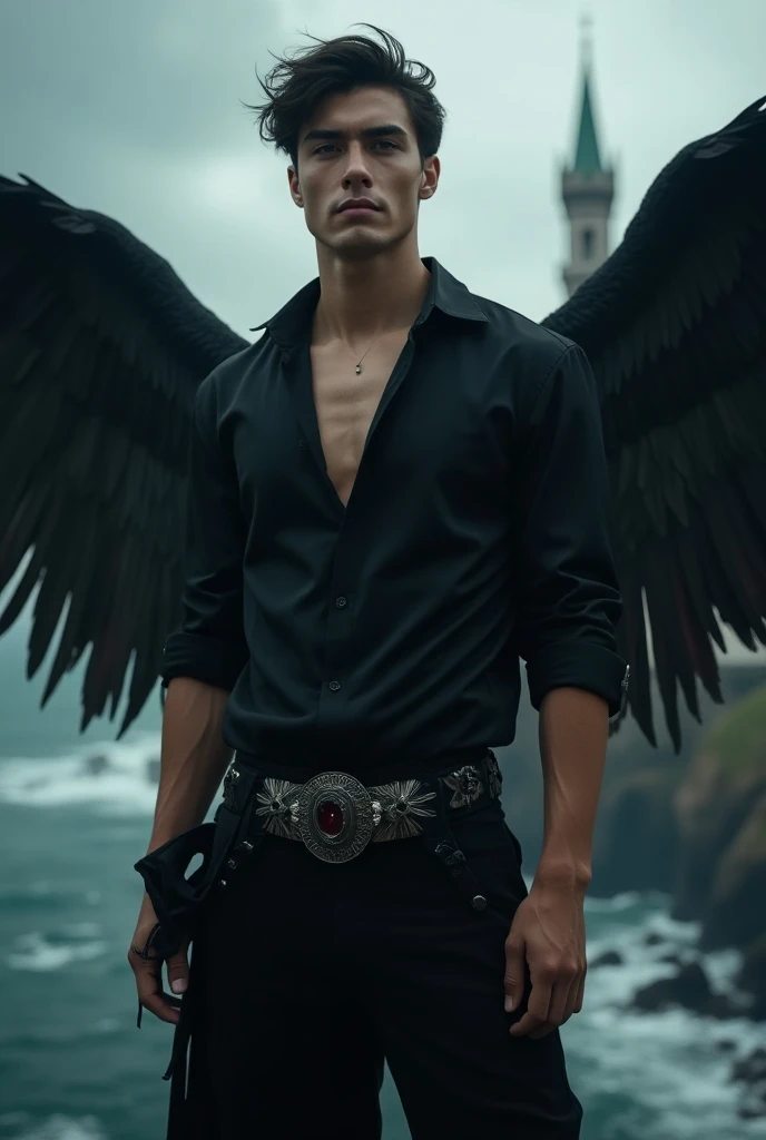 ((masterpiece)),((bestquality)),8k, high detailed, ultra-detailed, Stylish Pose, real skin texture, cinematic lighting, 21 year old male model, handsome, cute looking, evil look, demon horns, white pale skin, deep blue eyes, short brown messy hair, strong jawline, masculine, defined fit body, hairless chest, shirtless, pantless, prince aesthetic. gothic architecture, hellfire ground, black massive huge angel wings, spartan loincloth, dim light, dark atmosphere, cinematic lighting, backlight, Depth of field, award-winning photography, elegant, hyperrealistic, octane render, unreal, high definition, 8k resolution, highly detailed, 8k uhd, professional lighting, photon mapping, radiosity, physically-based rendering