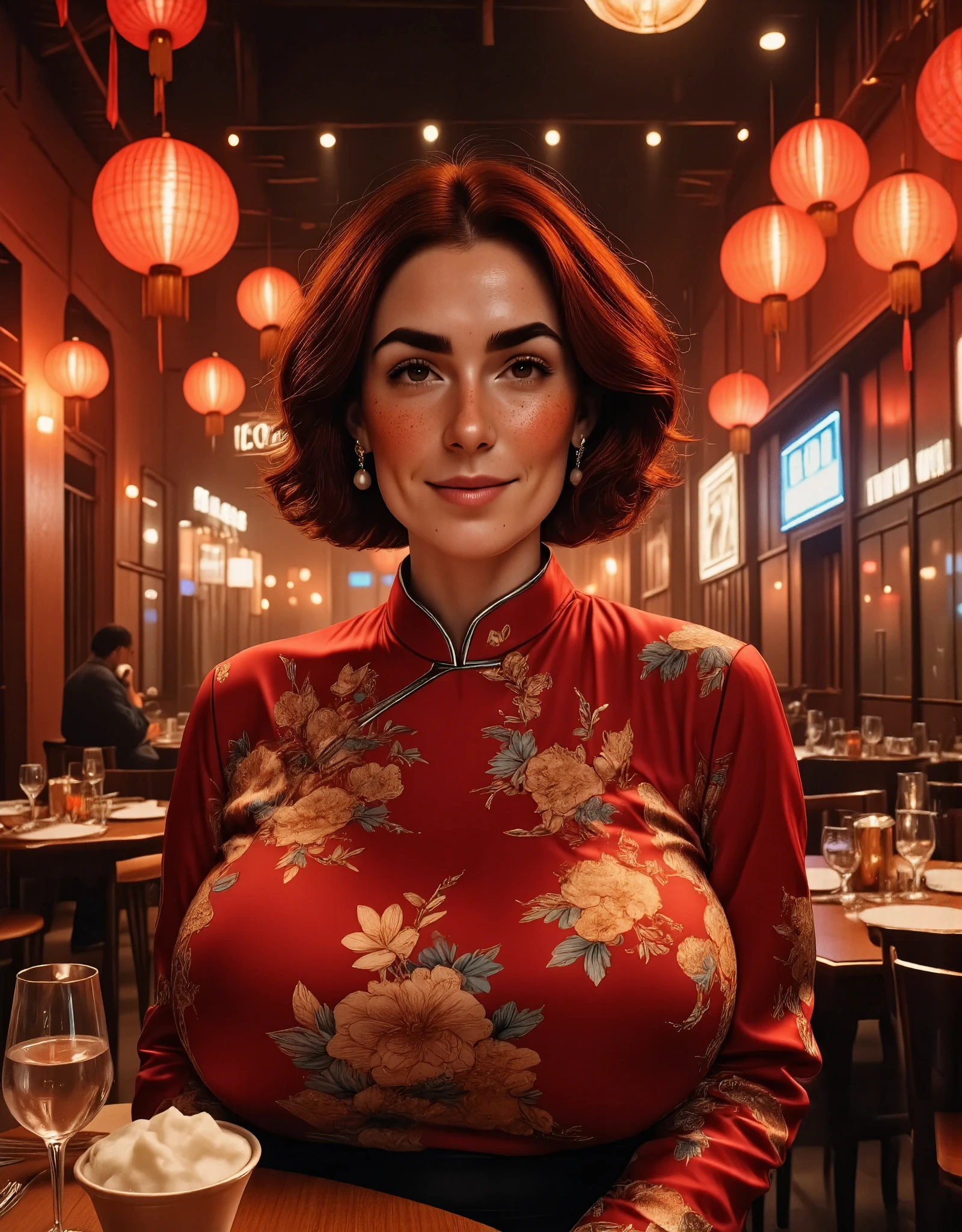 Photorealistic, cinematic style, low angle picture of a beautiful British woman celebrating Chinese New year inside a chinese restaurant. Late evening, dark. (Dynamic pose: 1.5), she is smiling. She has Brown eyes, downturned eye shape, light skin and freckles, reddish-brown hair, elegant gathered up hairstyle. Traditional Red silk cheongsam. white pearl earrings. Large red paper lanterns. Red pillars. Red paper decorations hung from the ceiling. Red carpet, red dragon decoration. ((Theme colour is red)). perfect hand,HDR, intricate details ,