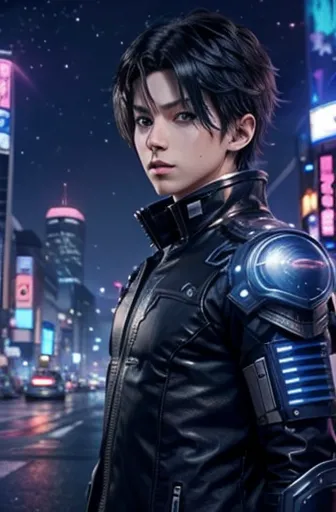 texture、future city、  an anime boy in a futuristic costume with blue eyes and dark hair, cyberpunk anime boy,  boy equipped with...