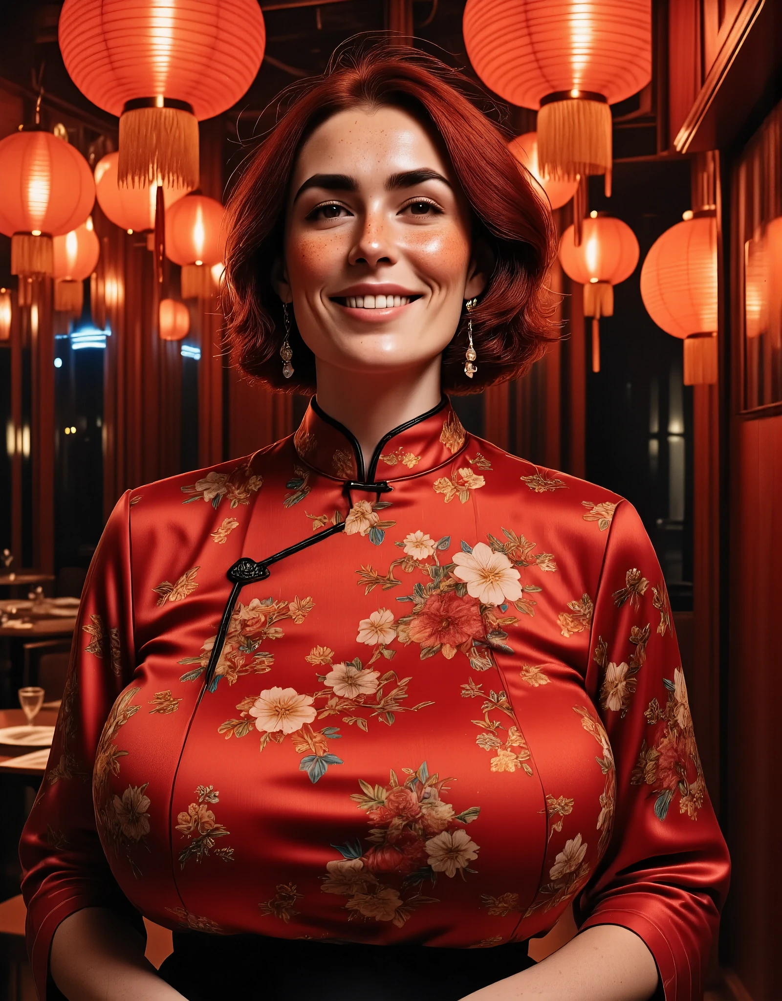 Photorealistic, cinematic style, low angle picture of a beautiful British woman celebrating Chinese New year inside a chinese restaurant. Late evening, dark. (Dynamic pose: 1.5), she is smiling. She has Brown eyes, downturned eye shape, light skin and freckles, reddish-brown hair, elegant gathered up hairstyle. Traditional Red silk cheongsam. white pearl earrings. Large red paper lanterns. Red pillars. Red paper decorations hung from the ceiling. Red carpet, red dragon decoration. ((Theme colour is red)). perfect hand,HDR, intricate details ,