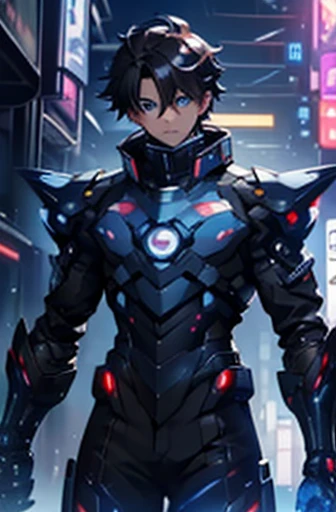  Texture、whole body, whole bodyの一般的な写真,   anime boy in futuristic costume with blue eyes and dark hair, Cyberpunk Anime Boy,   boy equipped with mecha cyber armor   .