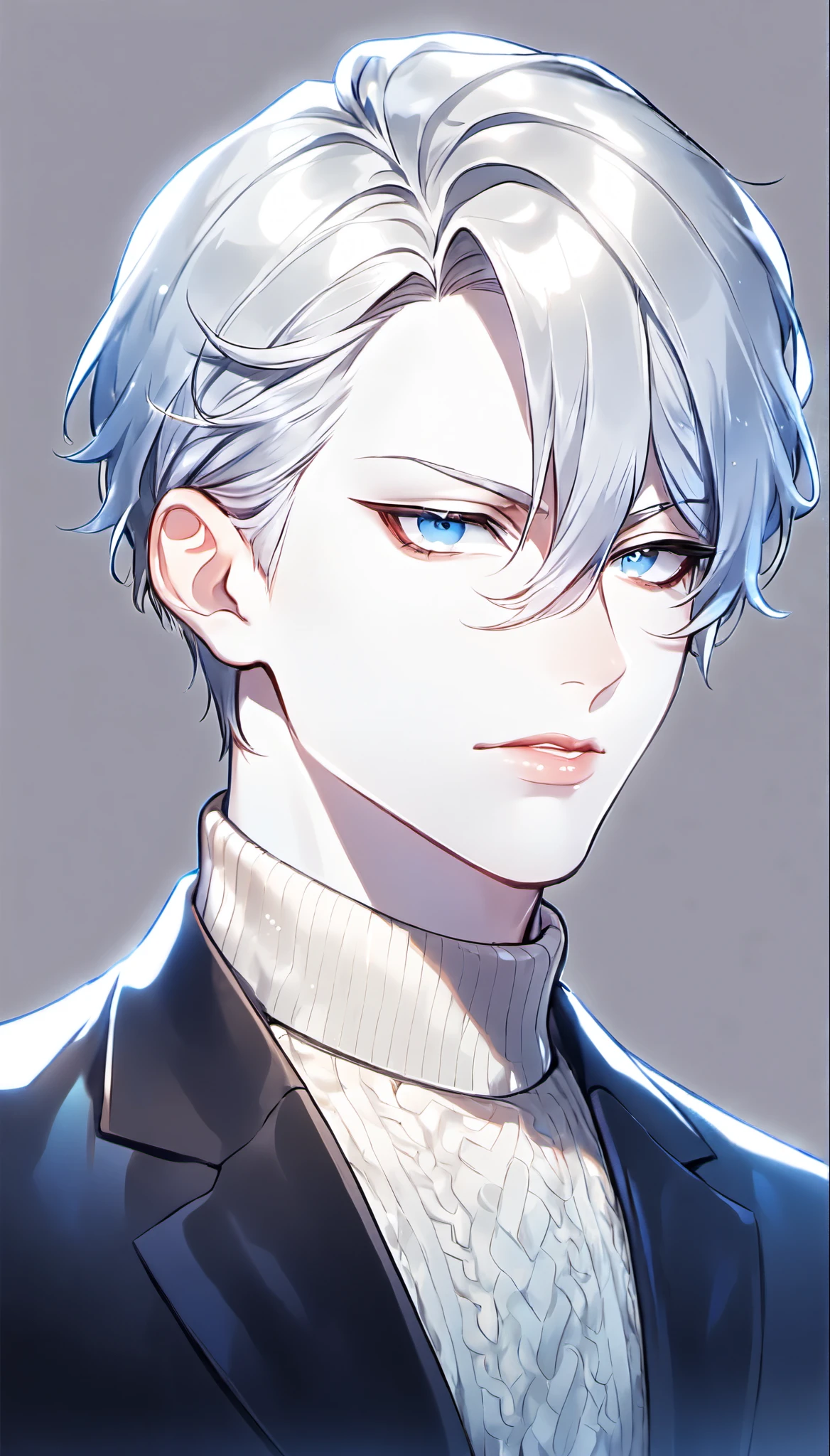 Boy, silver hair, blue eyes, serious sharp features, white skin, shiny lips, handsome, perfect, sweater, formal jacket.