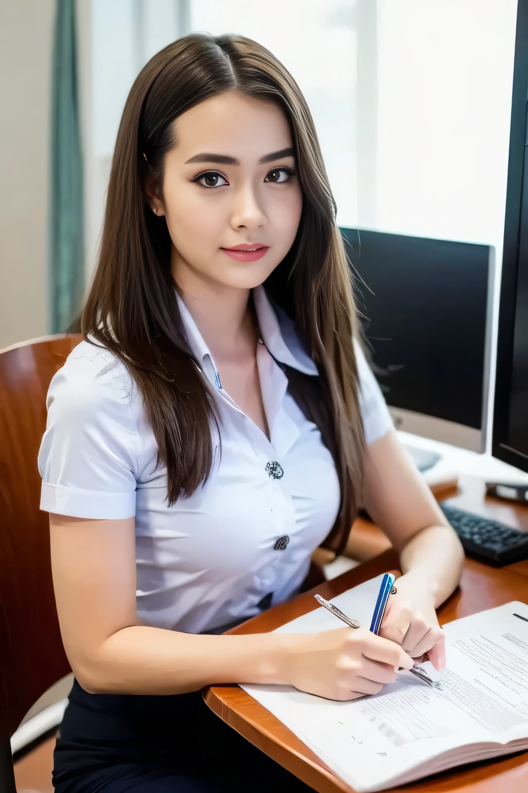 a young woman sitting at an office desk, holding a pen and writing on a document. She has long brown hair, is wearing a Thai university uniform white button-up blouse with short sleeves and a black skirt. The setting is a modern, well-lit office with a computer monitor in the background, some office supplies like colorful pens placed behind her, and a professional yet relaxed atmosphere.