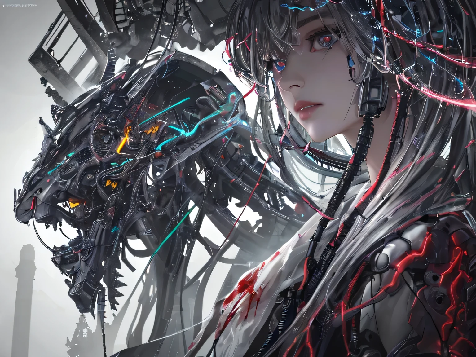 1mechanical girl,((ultra realistic details)), portrait, global illumination, shadows, octane render, 8k, ultra sharp,metal,intricate, ornaments detailed, cold colors, egypician detail, highly intricate details, realistic light, trending on cgsociety, glowing eyes, facing camera, neon details, machanical limbs,blood vessels connected to tubes,mechanical vertebra attaching to back,mechanical cervial attaching to neck,sitting,wires and cables connecting to head