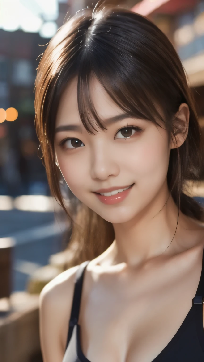 1 Girl, Tokyo Street,night, Streetscape,City lights,Upper Body,close,smile,, (8K, Raw photo, highest quality, masterpiece:1.2),(Realistic, photo-Realistic:1.37),