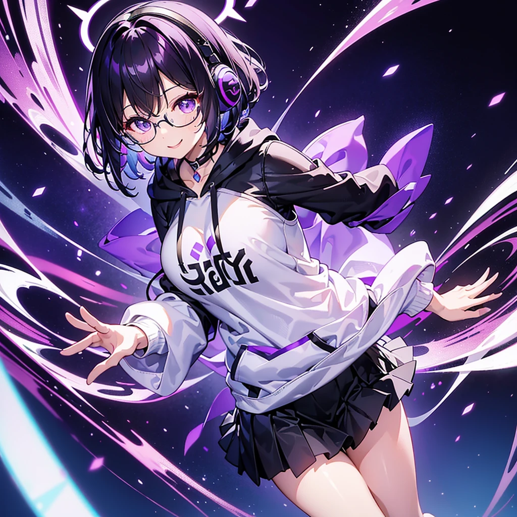 solo2.0((Best Quality)),((Handcrafted)) ((masterpiece)), (detailed)(( anatomically correct)) purple black haired angel girl sandal phone 2.0、white halo 0 .5、Bobcut 1.8、 black hoodie and purple mini skirt 1 .8、 black and purple headphones 1 .2、Black-rimmed glasses 2.0、1 .8、1 monitor that emits light.2、Smiling face 1.4、