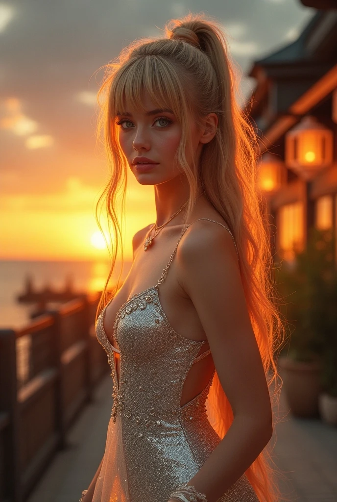 (masterpiece, best quality, highest quality, beautiful and aesthetic) ,(1 girl, smile, looking at viewer, metallic hair, breasts:1),(fabulous feminine makeup, blushed, long eyelashes, double eyelid), (portrait, focus face), (body in water:1.2, sea), (white dress, thin dress, shoulder-baring, deep cleavage), (light on face, beautiful light, sun light, sunset:1.2, sparkling water surface, backlit:1.2, dof:1),