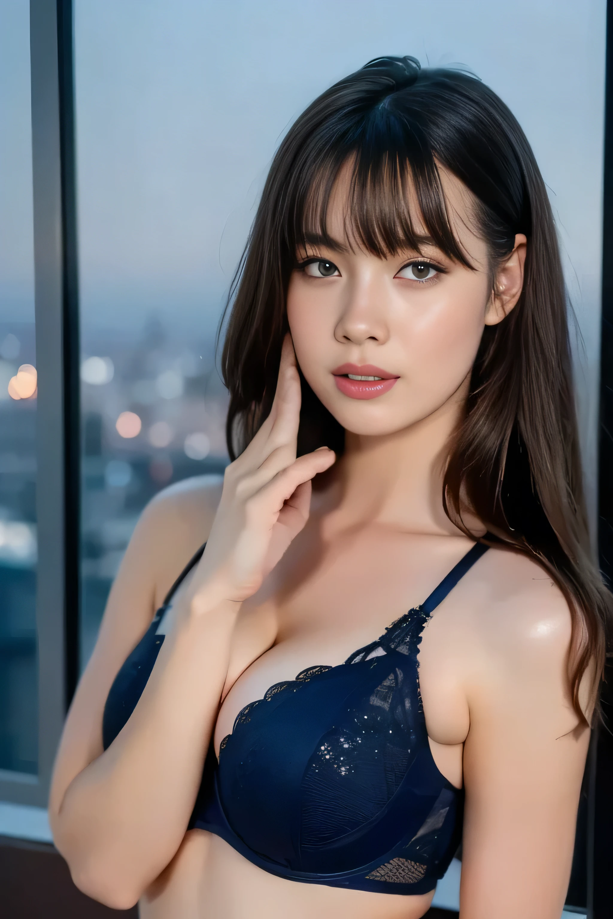 realistic, Hot girl wearing a navy blue bra, An absent-minded attitude, big breasts, cute sexy poses, In a small skyscraper bedroom at night, mood light, Window with night city view, raindrops on the window, Rainy night, Volumetric light, movie light, depth of field, Bokeh, Masterpiece,