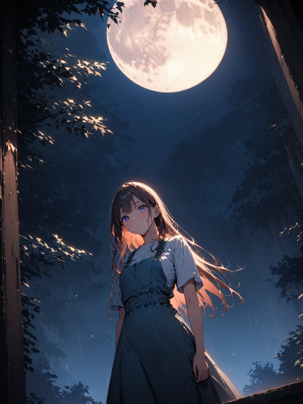 (masterpiece, best quality, very aesthetic, absurdres), 1girl, perfect body, anatomically correct, 20 years old, standard height, On a full moon late at night, under a starless sky, she stands alone. The moonlight gently illuminates her face, emphasizing her sense of loneliness. A quiet forest spreads in the background, and a dim silhouette stands out against the moon. Her long hair flutters in the wind, and there is a faint sadness in her eyes. The overall color scheme is moist, creating a quiet and melancholic atmosphere. (8k, RAW photo), (dynamic angles), (extremely detailed wallpaper),