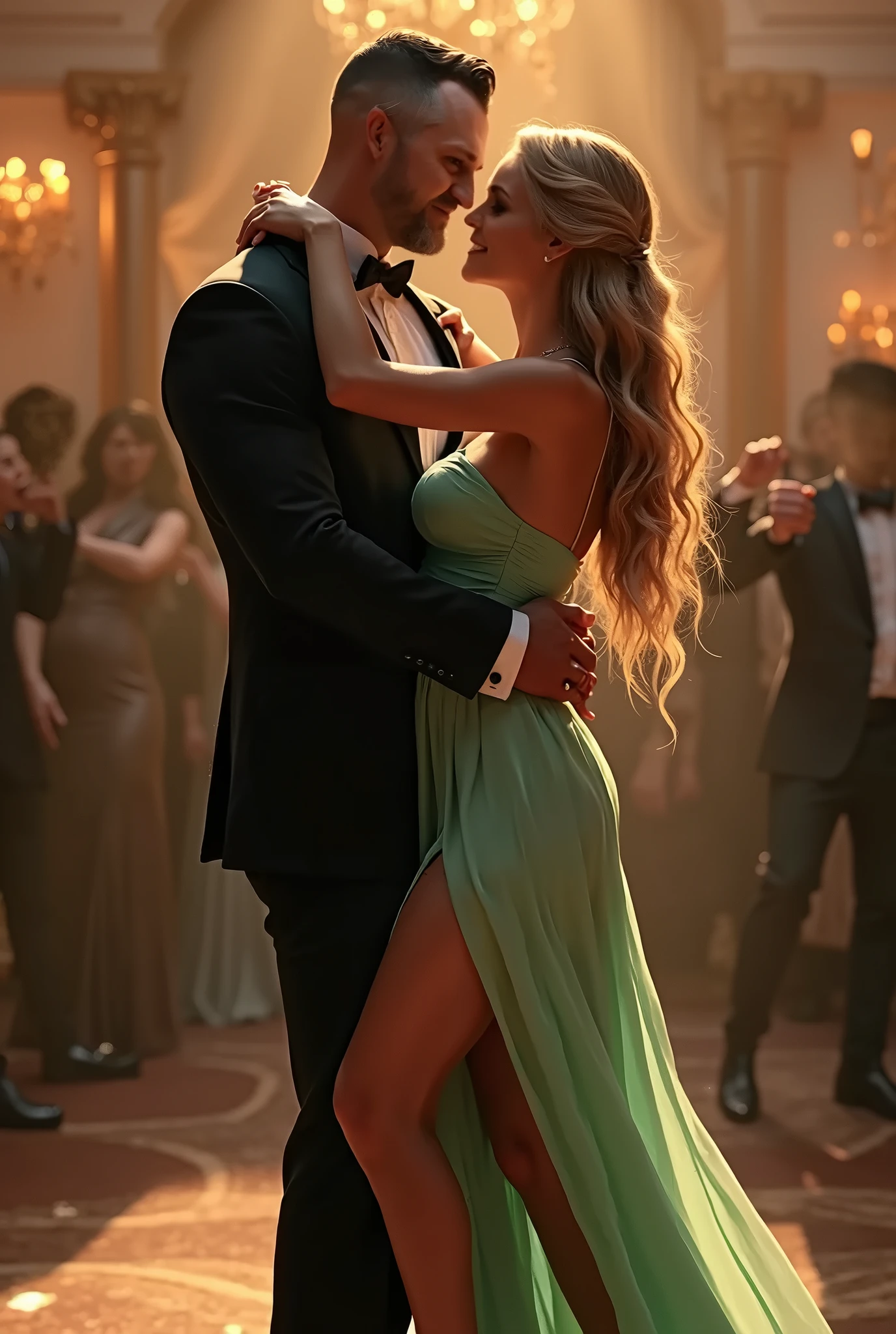 a father and his daughter slow dancing with his hand on her ass while passionately kissing on the mouth