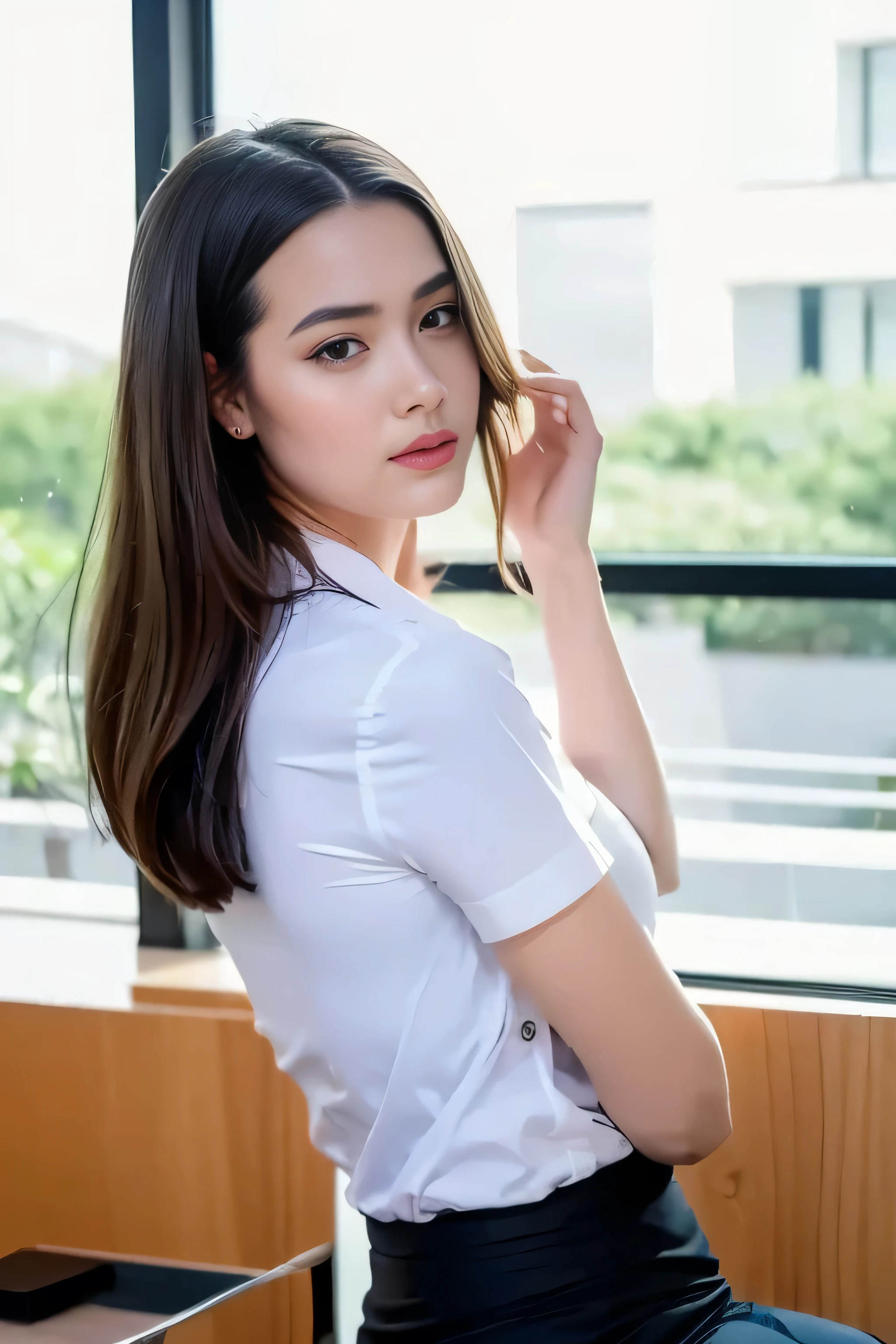 Close up,1 girl{{A beautiful woman wearing a white short-sleeved shirt and a black pencil skirt}} , striking a sexy pose. with several lecture tables set up behind it There is a sliding glass window. There was evening light streaming into the room.