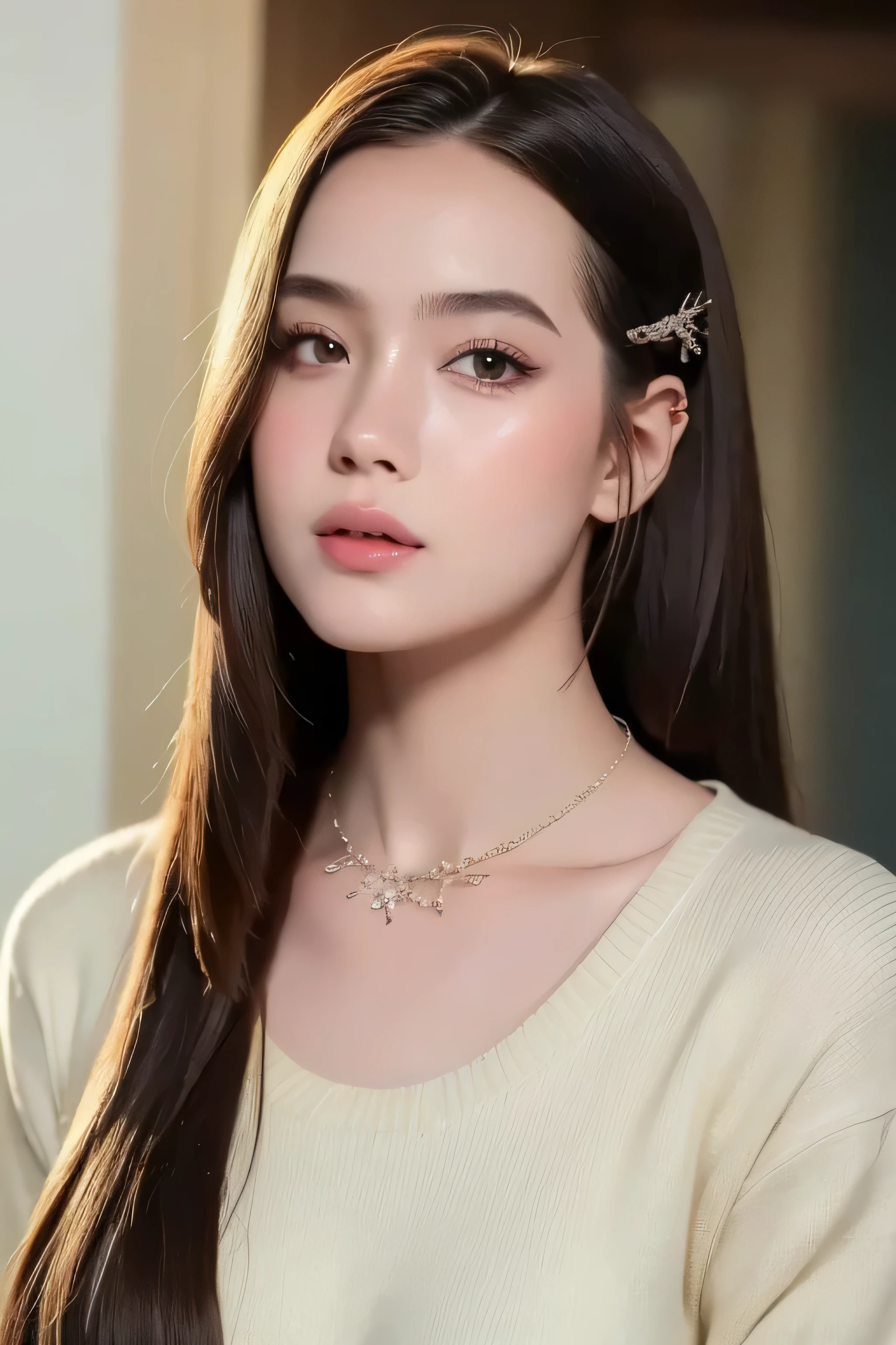 8k, masterpiece, original photo, best quality, Reality, Extremely detailed CG Unity 8K wallpaper, Depth of Field, Movie Lighting, lens flare, Ray Tracing, (Extremely beautiful face, Beautiful lips, beautiful eyes), Intricately detailed face, ((Ultra-delicate skin), Beautiful 1 girl best quality photos, Ultra-high resolution, (Realistically:1.4),Cute hairpin,1 girl,Red long hair,Cropped sweater ,Beautiful slim woman:1.4, on the island,Super thin face,Exquisite eyes,double eyelids,Necklace