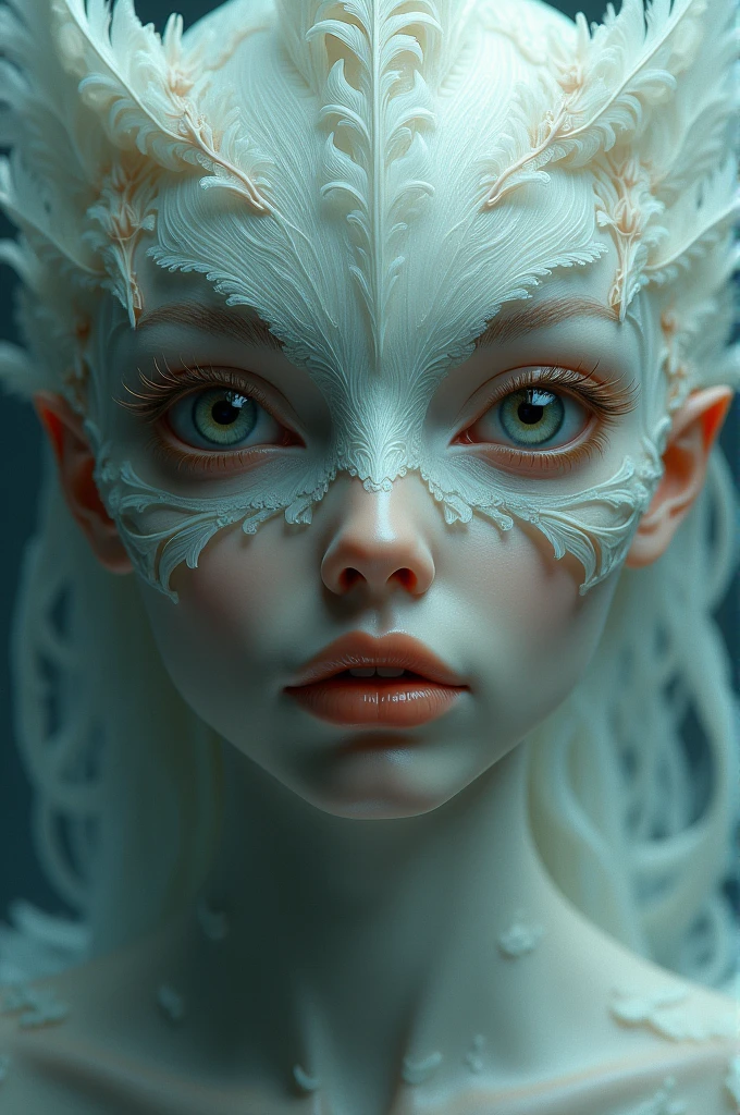 ( nymph:1.3) woman with a white body and mini wings on her back and chest covered with leaves and vines, with a blue eye and a white body with a white body with lines and cracks in the skin , nipples covered with wines, 4k , amazing, wonderful, beautiful, (highly detailed:1.1) , hdr, smooth, sharp focus, high resolution, high quality, Professional photograph, by Greg Rutkowski, Studio lighting, (3d render:1.1), (real skin:1.1)