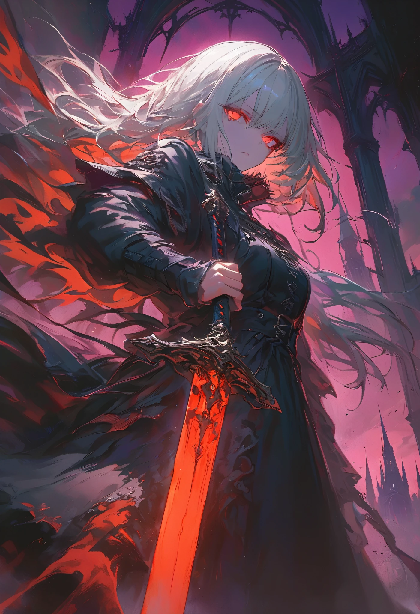 masterpiece, best quality, ultra-detailed, a vivid, high-contrast scene featuring a silver-haired woman in a dramatic black gothic dress, holding a massive sword that glows with intense red and orange flames. She stands in front of a gothic cityscape, with towering spires silhouetted against a vibrant red and purple sky. The scene is filled with dynamic lighting, with the fiery glow of the sword casting harsh, dramatic shadows across her face and the ground. The bold colors of the sky and the glowing weapon contrast sharply with the deep blacks of her dress, creating a striking visual effect. Her expression is fierce and determined, as if she’s ready to face a powerful enemy. The overall atmosphere is one of high tension and drama, with the intense colors and sharp contrasts giving the scene a sense of urgency and power.