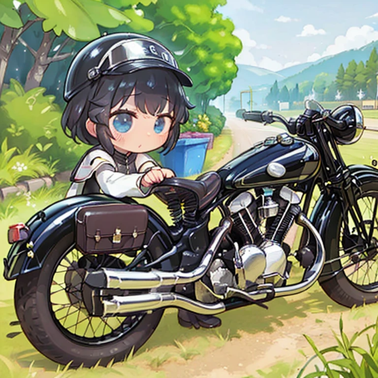 Bluff Superior SS100、(クラシックRiding a motorcycle )、(Vintage Bike、Bluff Superior SS100)、Isle of Man racing 、 (Riding a motorcycle:1.2),  beautiful young woman、1、Beautiful Face,  beautiful and delicate eyes , Black Hair ,  short bob hair,  classic leather jacket 、Cronwell Helmet、With goggles、after the rain、British countryside、 Detailed explanation、(Redeem, masterpiece,  high res)、8k、wallpaper