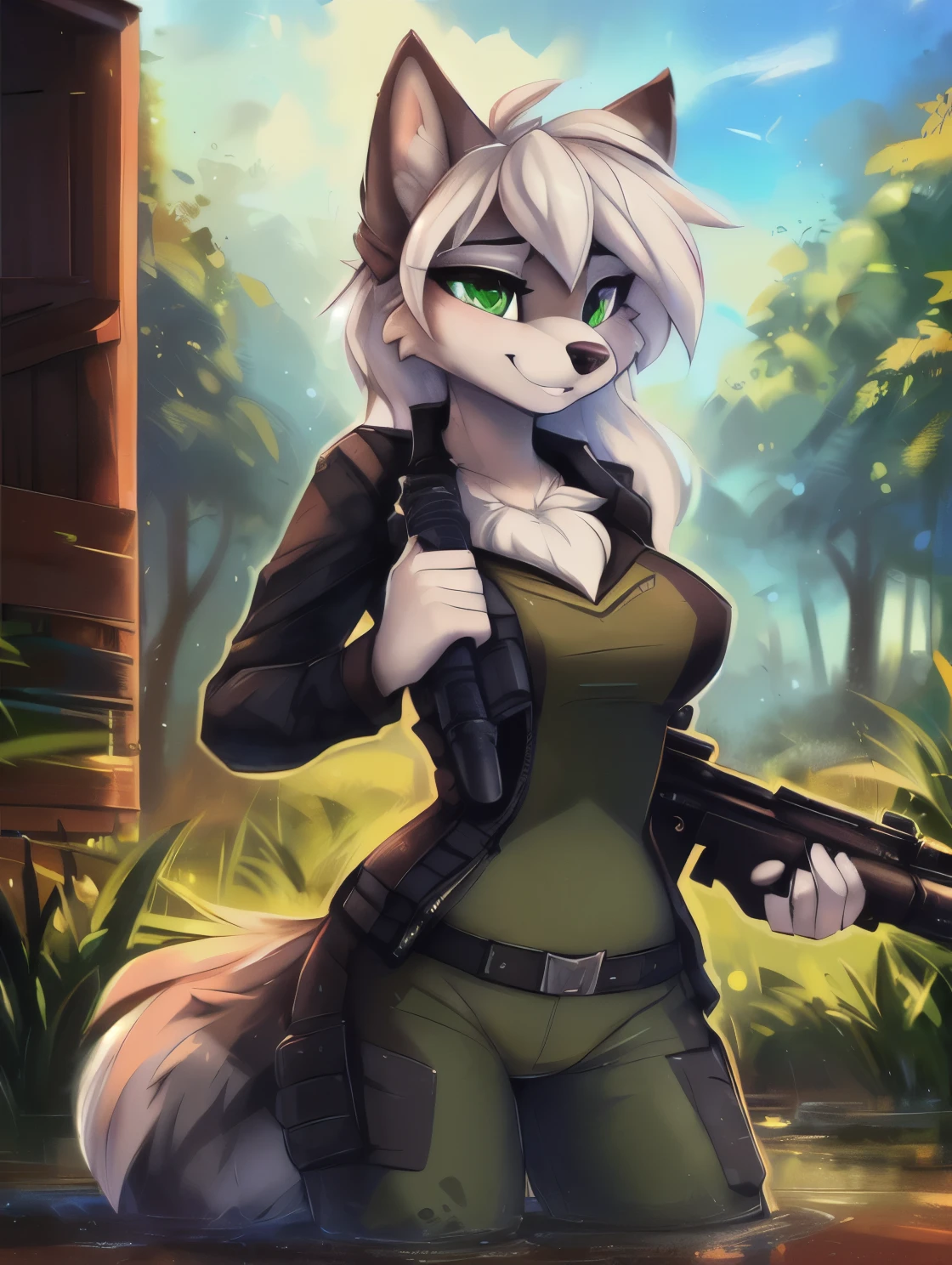 16k, High Definition, professional, Very detailed, ((masterpiece: 0.5)), (((high quality))), ((anatomically correct: 0.8)), 1 girl bunny bunny ears, Whole body, small breasts, Rabbit feet, grayish skin, fluffy paws, erudite, simple shirt, Lower body of a rabbit, standing, hairy hips, small tail, legs completely covered in hair, two legs, leather armor, (walking in a forest), (holding a gun), caderona, wide thighs, defined calves