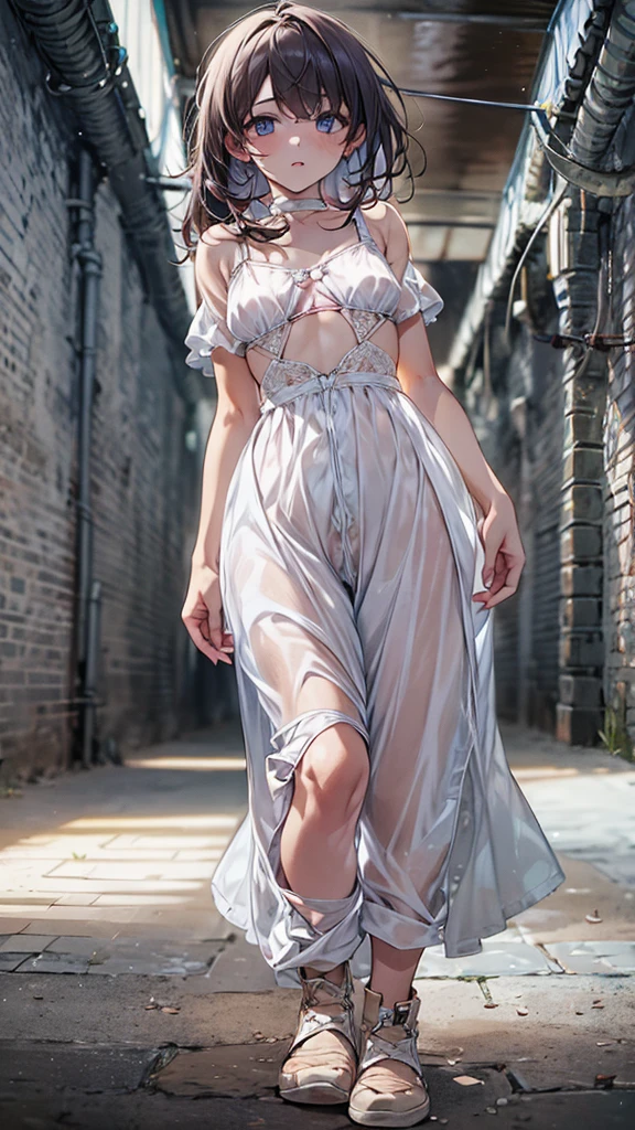 slender, (Compensate:1.1), (White short bra:1.2), (Small breasts:1.6), Inside the dungeon、 (Head to knee portrait image:1.6),( flat chest:1.8)， STRING PANTS，My face and chest are used for milking。