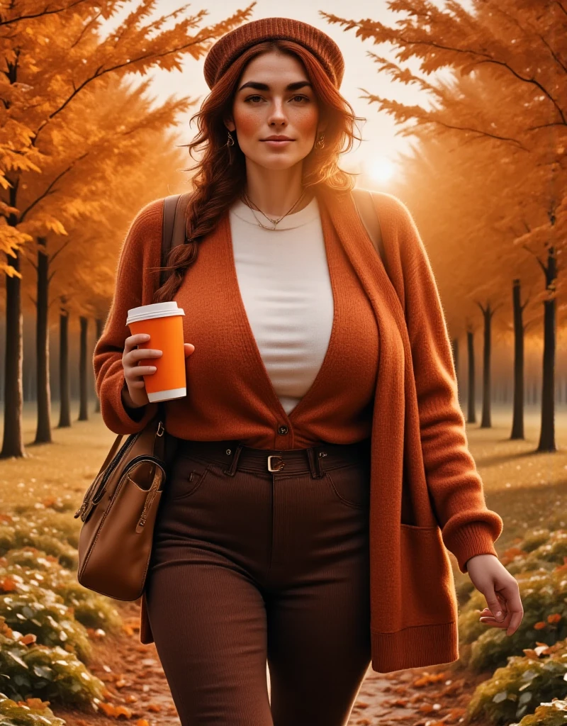 Photorealistic, cinematic style, low angle picture of a beautiful British woman walking through a maple forest in autumn. Trees with orange leaves. Sun setting behind the trees, orange light everywhere. (Dynamic pose: 1.5), she is smiling. She has Brown eyes, downturned eye shape, light skin and freckles, reddish-brown hair, loose braid hairdo. She's wearing a cardigan in orange colour, white t-shirt underneath, dark brown cordoroy trousers. Boots. Holding a bright orange takeaway coffee cup.  ((Theme colour is orange)). perfect hand,HDR, intricate details ,