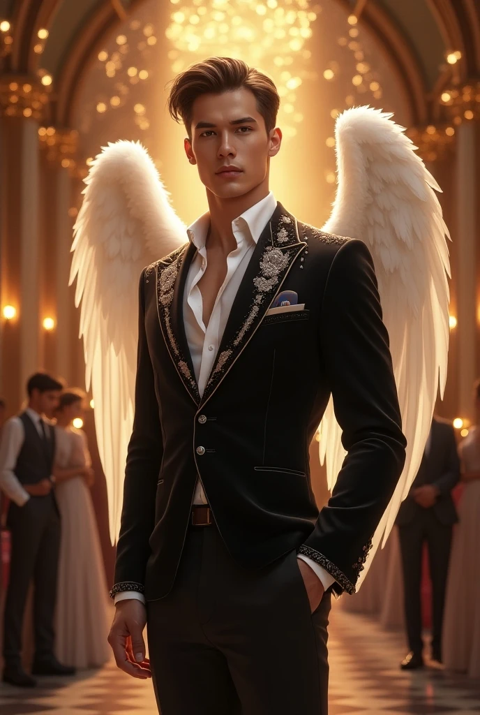 Homem romano realista beleza masculina nariz fino labios carnudos queixo qyadrado diamante. With angel wings on golden heads