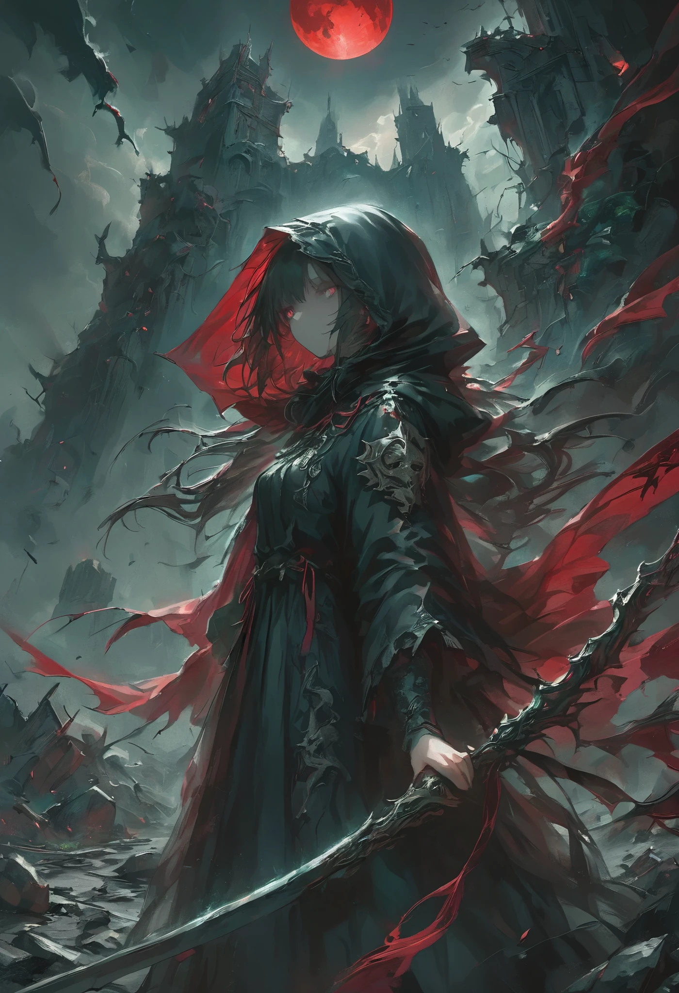 masterpiece, best quality, ultra-detailed, dark fantasy, under a foreboding blood-red moon, a mysterious woman stands tall, her black robe flowing in the wind, red accents sharply contrasting against the dark fabric, she holds a large, sinister scythe, its blade gleaming menacingly, her posture is both graceful and intimidating, her eyes glowing faintly under the shadow of her hood, creating a sense of hidden power and danger, around her, the sky is filled with swirling dark clouds, occasionally pierced by crimson lightning, in the background, remnants of crumbling towers and shattered structures can be seen, as if echoing a long-forgotten war, red tattered banners and fabric fragments drift through the air, adding to the chaotic, apocalyptic feel of the scene, the ground beneath her feet is uneven, with sharp rocks and patches of eerie green grass, as if nature is reclaiming the ruins, the overall mood is ominous, with an atmosphere of impending doom, yet the woman’s calm, unwavering stance suggests she is ready to face any challenge, a figure of strength and mystery amidst a world in turmoil.