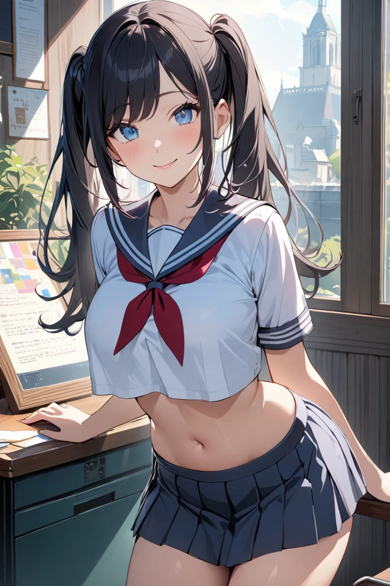 1girl, skirt, solo, blue hair, sitting, hair ornament, shirt, blue eyes, white shirt, hairclip, bow, chair, tying hair, black skirt, ponytail, short sleeves, pleated skirt, red bow, hair tie in mouth, mouth hold, bowtie, looking at viewer, school uniform, blush, red bowtie, hair tie, bangs, arms up, long hair, collared shirt, indoors, midriff peek, hair between eyes, thighs, on chair