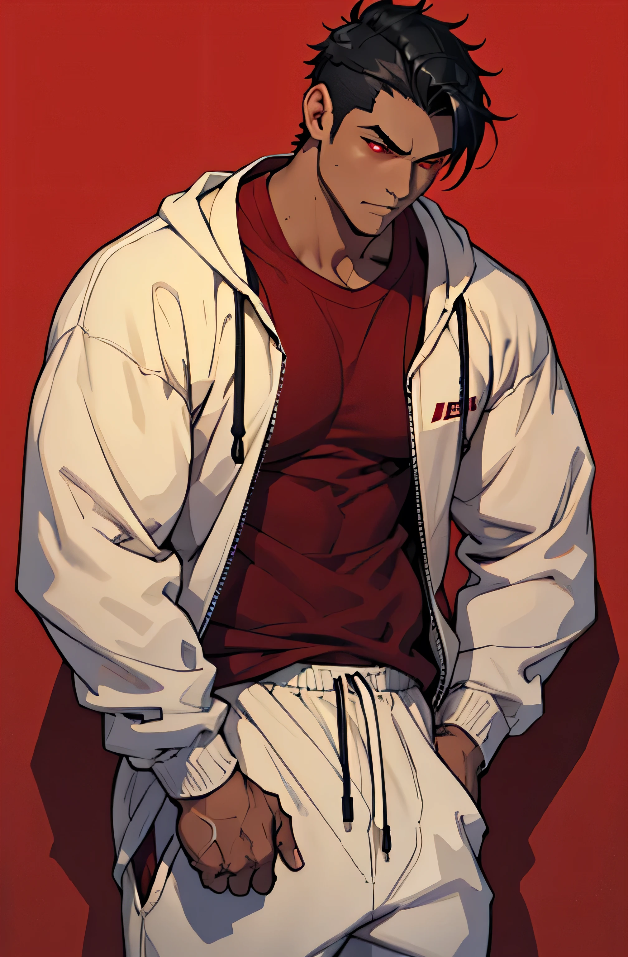 (masterpiece, best quality), 1man, musculous, short detailed hair, with brown eye, 复杂, (dress room), full bodyesbian, White baseball uniform, Open red jacket, vivd colour,(depth of fields:1.2),(abs),Be red in the face,looking at viewert,A piano,spread their legs,18yr old、are standing、Hands and feet are tied(Large blocks of iron chains were tied、Can't break free)、Man was tied to the cross、Black cross、Scene basement、Light from top to bottom、White socks in his mouth、、A very satisfied look、With a collar around the neck(The collar has a bulge of a black pyramid,In a circle)、Take off your top。Naked upper body、Large pectoral muscles、8-pack abs、Take off your pants、White socks on his feet,