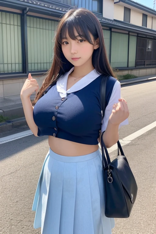 1girl, (solo), blush, (seductive smile:1.3), (), (big breast:1.5), ((beautiful anime eyes with fine detail)), realistic skin, ((sailor suit)), (Navy blue pleated mini skirt), nsfw, ((skirt lift:1.5)), lace panties, beauty of slender female legs, (thigh-high socks), Subway train interior background, in a crowded train, (Lots of men on the train), men’s slacks, man standing behind a girl