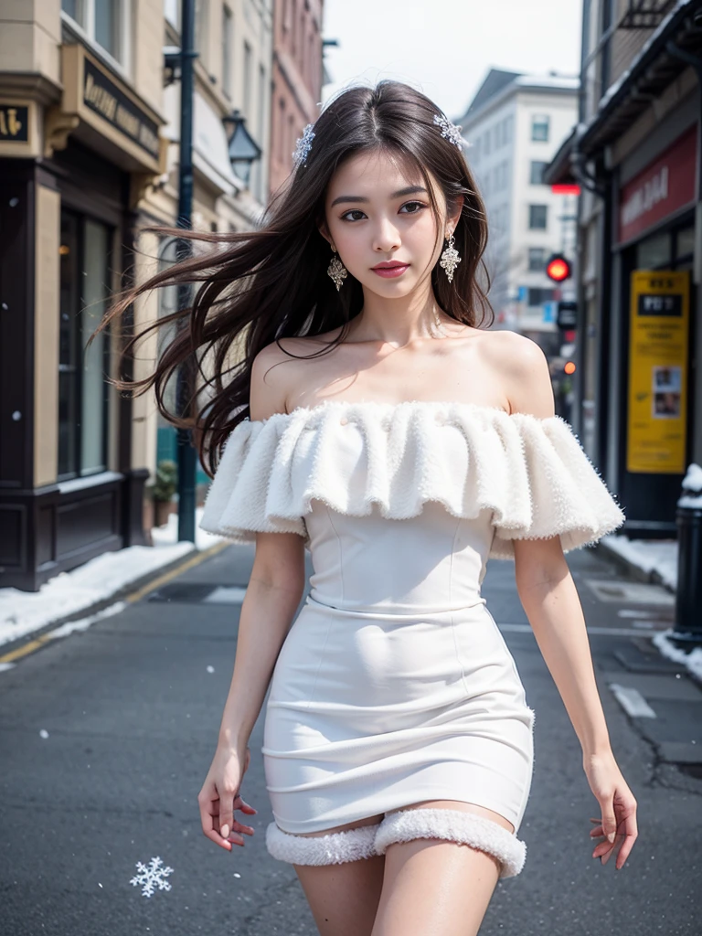 8k，tmasterpiece、quality、ultra - detailed、Master workarilyn Takiocus on the thighs and above，Clear face，（Best quality）， beuaty girl：1.5、((Red fluffy off-shoulder dress style))，long hair fluttering，Snowflake earrings、snowflakes falling、bblurry、the street，