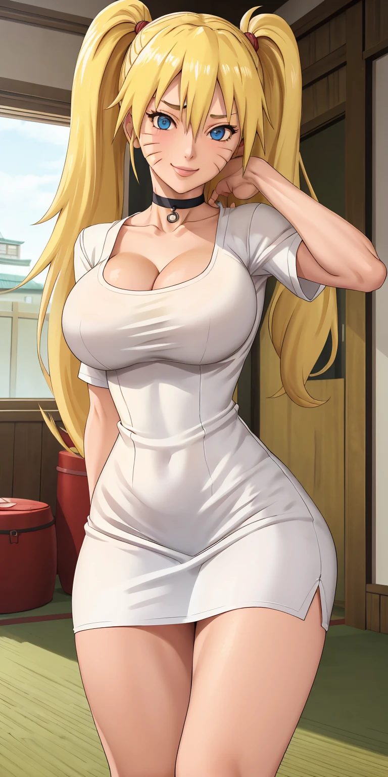 masterpiece, best quality, extremely detail 8k cg, high resolution, 1girl, solo, mature female, WhiteShirt_SexyJusuNaruto_Naruko_ownwaifu, 1girl, blonde hair, naruko \(naruto\), twintails, long hair, facial mark, whiskers, whisker markings, blue eyes, medium breasts, hair between eyes, bangs, white minidress, shirt, cleavage, choker, collarbone, titsonastick, night time, indoors, konohavillage, beautiful face, seductive expression, smirk, medium full shot, dress lift, pussy, pantyless 