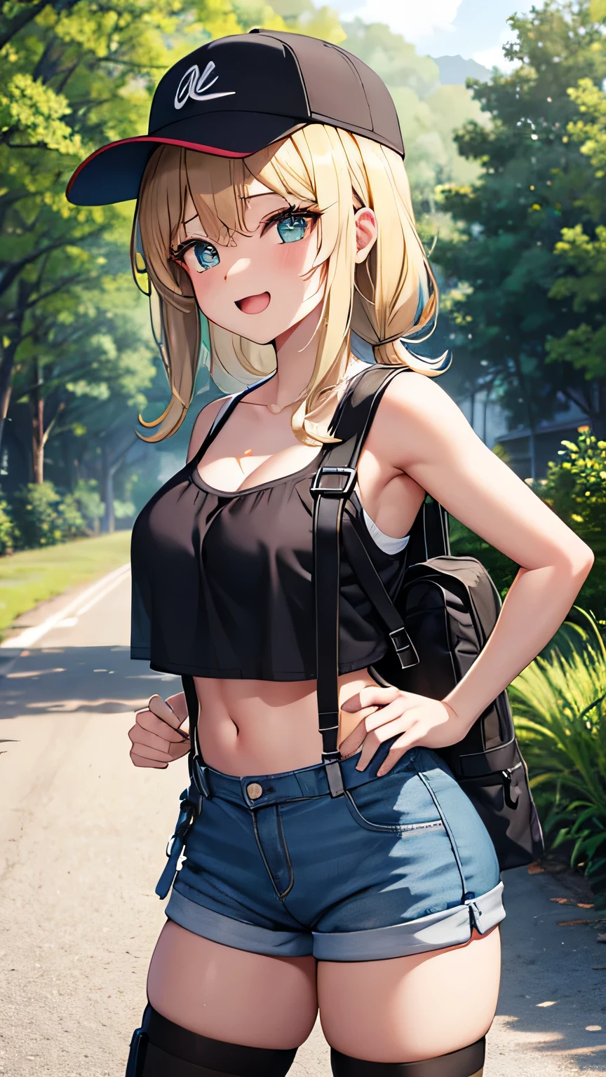 Backpacker, 1woman, Early 20s, Baseball cap, crop top, Sukajan, suspender micro shorts, fishnet thighhighs, Short boots, middle hair, blonde hair, wavy hair, aqua eyes, longeyelashes, laughing, large breasts, Carry a backpack, Country Road, roadside, evening, anime, high details, textured skin, anatomically correct, high quality, highres