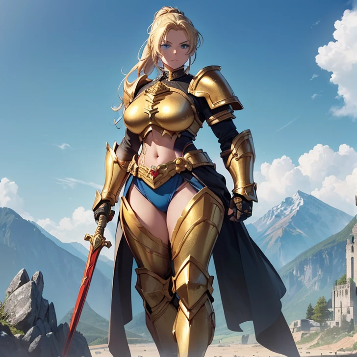 Beautiful mature milf mother with golden hair blue eyes and big breasts and fully dressed in armor with a sword