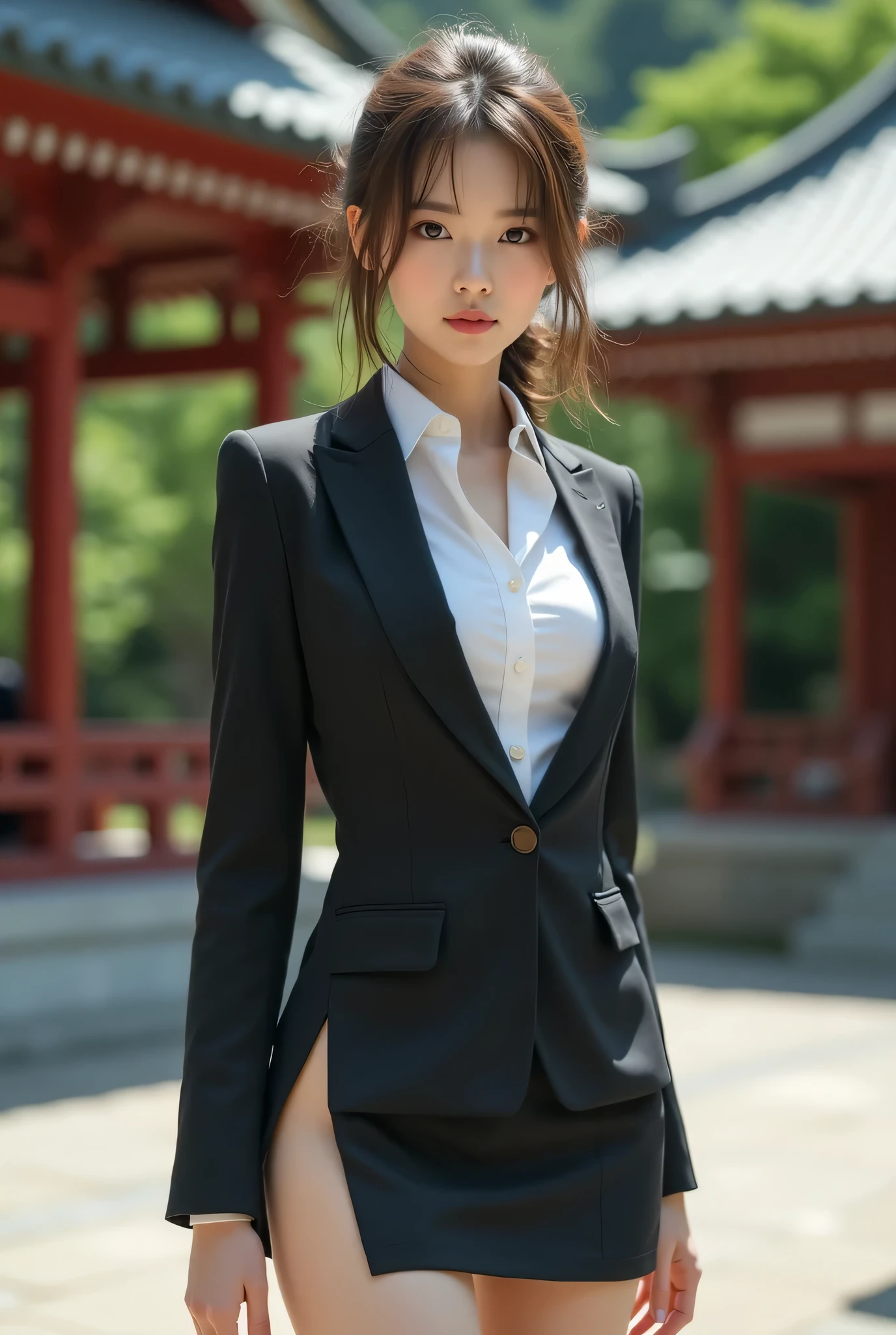Best Quality, Realistic, Super detailed, finely, High Resolution , 8K wallpaper, 1 beautiful Japanese woman,, Light brown messy hair,Wearing a suit、Wear a side slit mini skirt、 Detailed and beautiful eyes, Thin Hair, Beautiful legs、talk、Looking at the camera、I'm at the temple、Beautiful inner thighs