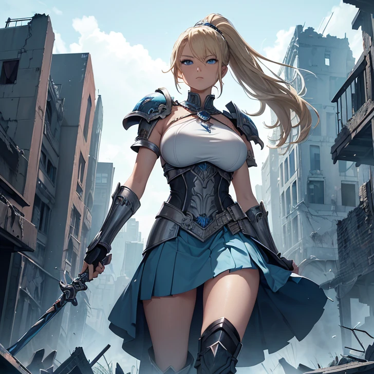 (Absurdres, master piece, best high quality image, very detailed features, very detailed textures, carefuly detailed with no deformed parts in all the artwork, not censored violence and bleeding), only solo character, full body deding, standing alone.
A 40 years old beautiful woman, she has fair skin, blue eyes, yellow blonde golden long hair tied in a high ponytail with a long crimson ribbon, voluptuous figure, big breasts, (she wears: grey leotard covered by a light blue combat padded bra and a light blue short skirt, light blue long leather spandex boots, light blue long sleeves and padded gloves, dark blue steel shoulderpads), She is holding with both hands a silver and red colored long sword with a red magical blade. She is fighting and has furious expression and screaming with anger. She is bleeding, her blood spils from her front head, her hands and legs, her clothes are dirty with her own bleeding.
City ruins during a battle between knights against samurais.