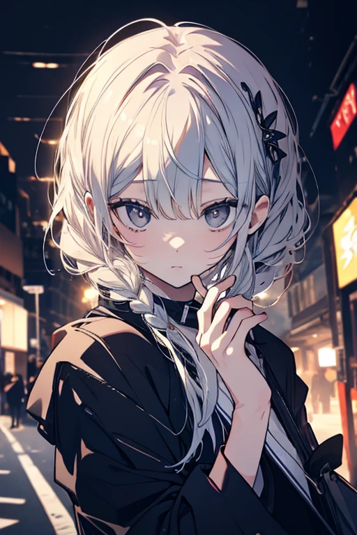 (((1 woman))), cute, Only, gray eyes, style novel, dash isekai anime, gray hair, hair with buns, Cola, (((hair covering the eyes))), , vivid colors, style novel, very detailed, yandere face, ghibli style, The background of this character is the night view between the forest of New York buildings.