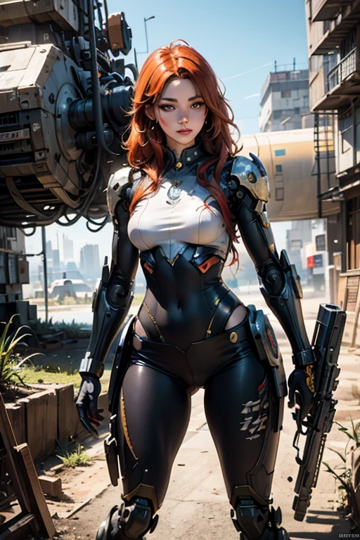 a woman holding a gun and machinery, cyberpunk art inspired by Rosco, art station, fantasy art, high detail digital art 4k, carol is behind, beautiful digital art, 2.5d cgi anime fantasy art, stunning character art, cyborg valkyrie woman, 4k digital art detail, voytec fuzz, 
1 woman, (orange_hair:1.1), (zen, mandala, tangled, en tangled:0.6), (fractional art), most beautiful chaotic pattern, brutalist design, (best quality,4k,8k,highres,masterpiece:1.2),ultra-detailed,(realistic,photorealistic,photo-realistic:1.37)