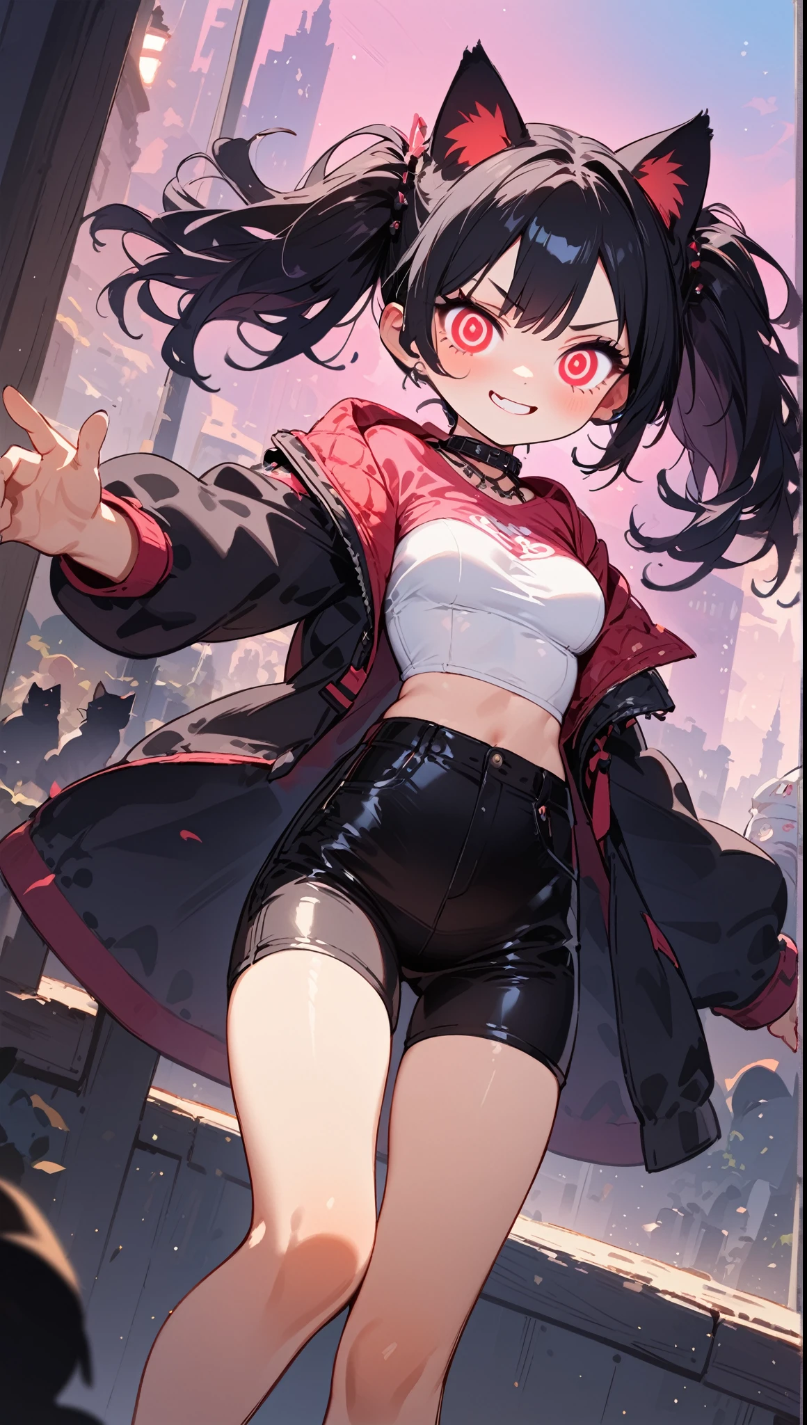 solo,1girl\(cute, kawaii, ,(evil smile:1.2),(black hair:1),(long hair),(twin tails hair),pale skin, skin color blue, red eyes, eyes shining, (big eyes),(breast:1.4),(punk fashion:1.6),(ripped clothes:1.5),(tight tube top),(tight hot pants),(stomach shown:0.8),(abs:0.5),(ripped black short jacket:1.4),(fluffy black cat-ear:1.4),(dynamic pose:1.3), (spiral eye:1.4),(bang)\), BREAK ,background\(outside, noisy city, backstreet, narrow street, neon lights, at night\), BREAK ,quality\(8k,wallpaper of extremely detailed CG unit, high resolution, top-quality, top-quality real texture skin, hyper realistic, increase the resolution, RAW photos, best quality, highly detailed, the wallpaper,golden ratio,high saturation realism, vibrant colors, dramatic lighting, persuasive storytelling, atmospheric scenery, captivating visuals, intricate details, strong emotions,dreamlike world\),(close up:1.0),dynamic angle