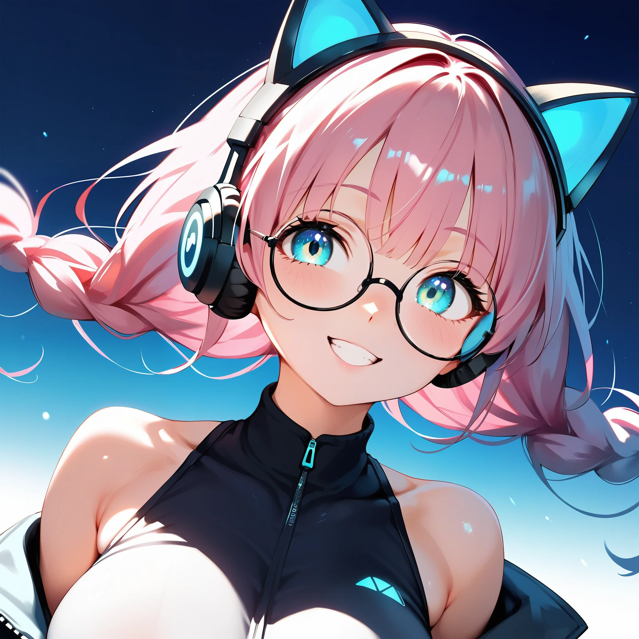 (best quality:1.2), (ultra-detailed:1.2), (2.5D:1.2), (Anime Moe Art Style), 1girl , pink hair, Cyan eyes, gradient eyes, twin braids, blue Glowing cat ear headphones, black round glasses, large breasts,face focus, smile beam