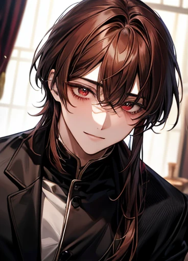 Private Server、{room}、dark、dark、{craziness}、 good-looking guy with empty eyes、 long bangs、Unshaven、{ yandere}、歪んだsmile、{male}、High image quality、Empty face、A firm eye、Above the upper body、{smile}、{Slanted Eyes}、High neck、Brown Hair、Red Eye、Private Server、