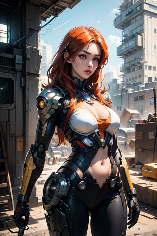 a woman holding a gun and machinery, cyberpunk art inspired by Rosco, art station, fantasy art, high detail digital art 4k, carol is behind, beautiful digital art, 2.5d cgi anime fantasy art, stunning character art, cyborg valkyrie woman, 4k digital art detail, voytec fuzz, 
1 woman, (orange_hair:1.1), (zen, mandala, tangled, en tangled:0.6), (fractional art), most beautiful chaotic pattern, brutalist design, (best quality,4k,8k,highres,masterpiece:1.2),ultra-detailed,(realistic,photorealistic,photo-realistic:1.37)