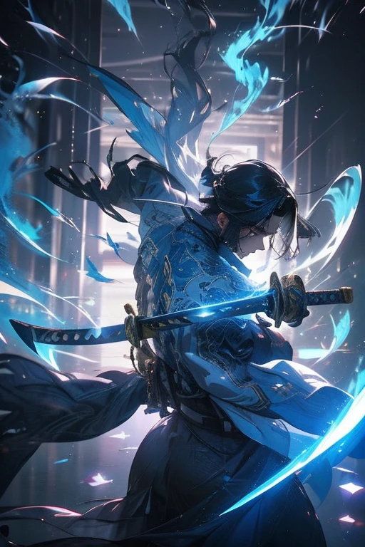 A samurai warrior with a blue glowing katana sword, intricate detailed ...