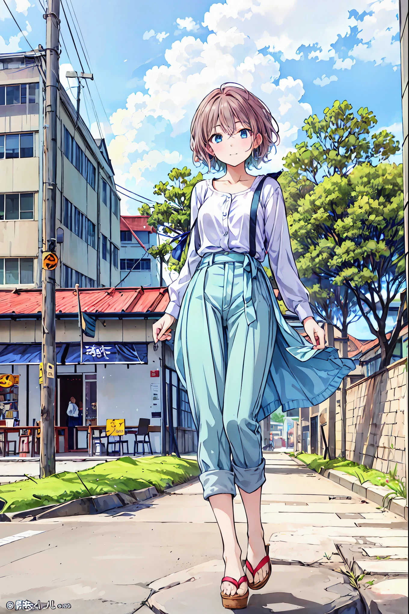 ((masterpiece)), (Anime:1.5), ((Best Quality)), (RAW Photos:1.2), ( High Resolution :1.3), ( Professional Pictures:1.2), ( chromatic avalation ), One Girl, (()), (Serious), (Beautiful brown eyes:1.3), Browse Viewers , Plain Shirt, O-ring, Messy Hair, medium hair, ( putting her hands inside her pants ), ((Take off your work pants)), 明るいBrown Hair, (Small breasts), Cute waist, Outdoor, ((Top of the big bell tower)),Brown Hair, shortcut ,My hair is messy,Short braided hair,Neat,Slender beauty,hole々Positive Attitude,Small breasts,Beautiful legs, Her Enchanting Gray-Blue Eyes Shine Like Stars..,Vibrant colors, beautiful eyes,A delicate smile, textured skin,Best Qualityのものが最高,Gentle and beautiful woman,Anime Style、