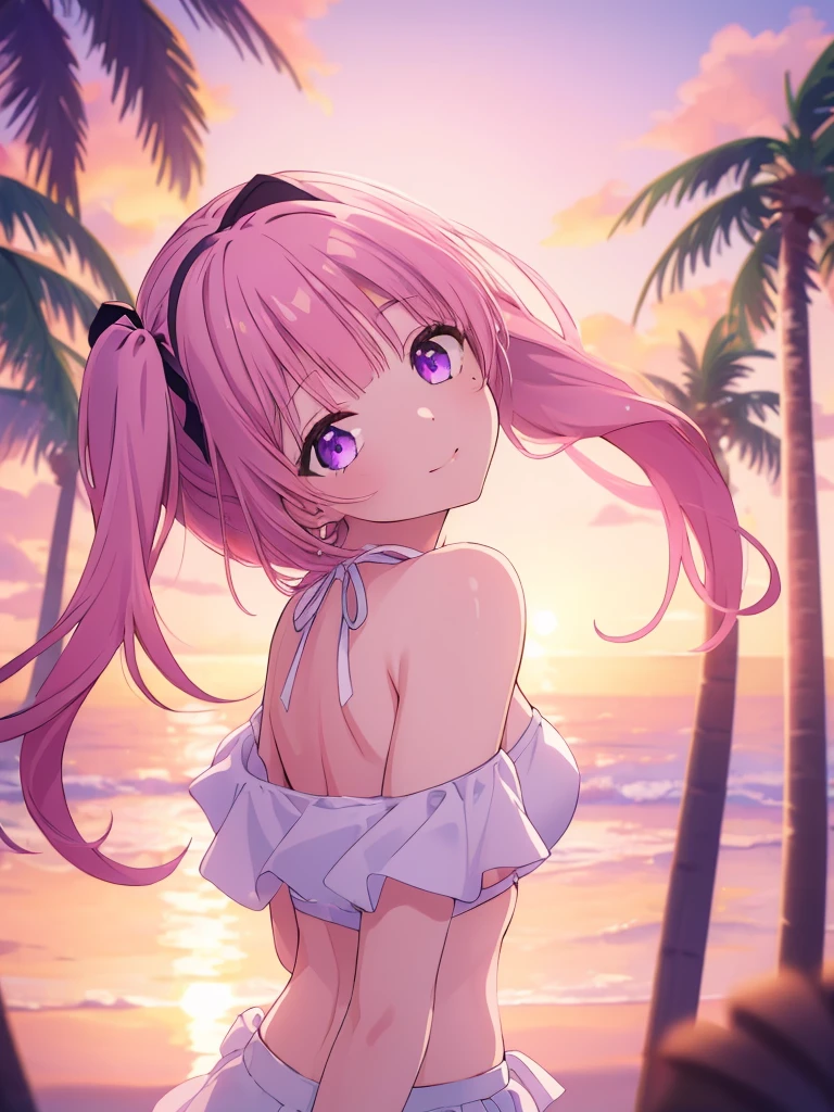 ((8k, Highest quality, masterpiece: 1.3)),Ultra-high resolution,(1 girl, alone), Highly detailed dark purple eyes, Highly detailed face, from above, closed mouth, head tilt, light from back,
light pink short twintails, sunglasses on head, white bikini, sunset, breast, blurry background, ribbons, palm trees