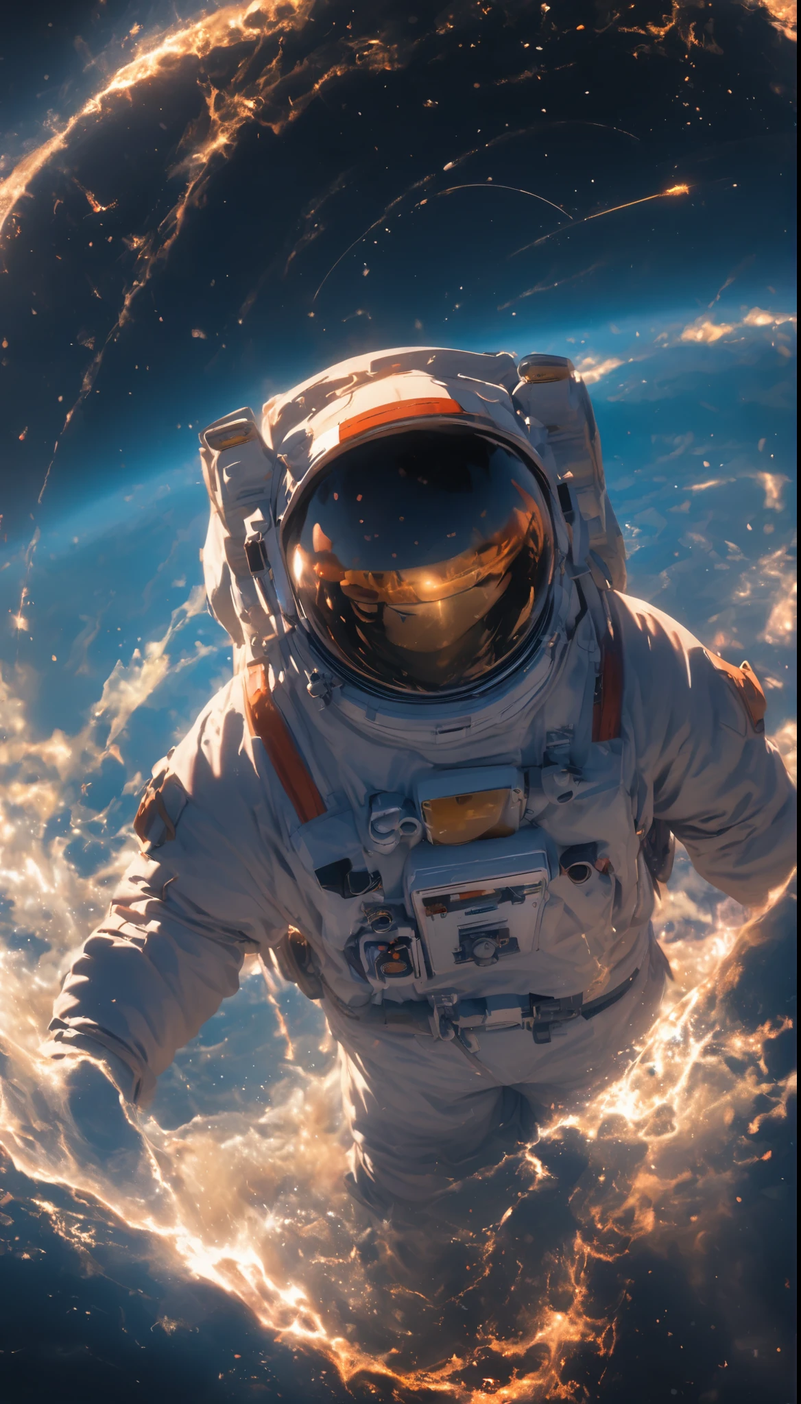 quality\(8k,wallpaper of extremely detailed CG unit, ​masterpiece,hight resolution,top-quality,top-quality real texture skin,hyper realisitic,increase the resolution,RAW photos,best qualtiy,highly detailed,the wallpaper,cinematic lighting,ray trace,golden ratio\), BREAK ,solo,1astronaut wearing space suit floating aimlessly in the galaxy\(dark,beautiful,beautiful stars\) and behind him a beautiful dazzling sun surely rising from behind the large beautiful (blue earth:1.6),(long shot:1.5)