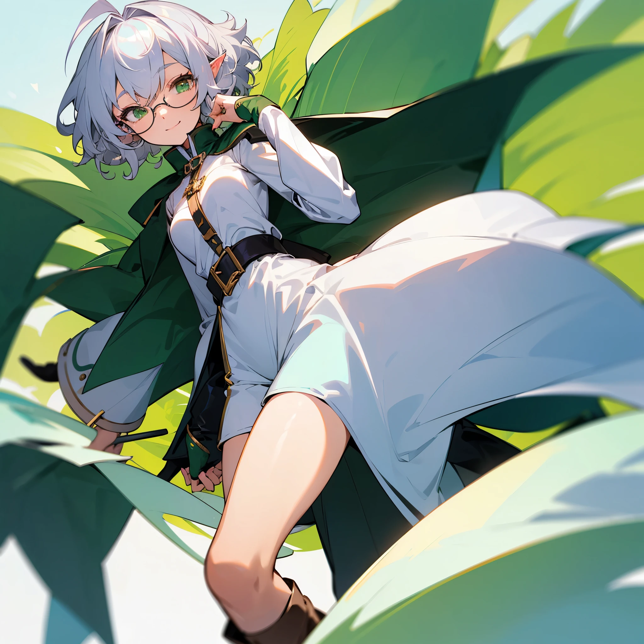 elf, cool female, silver hair,short hair, medium cut, ahoge, curly hair, green eyes,slender, fair skin, coat, blouse, shorts, glasses, long boots, belt, cool smile