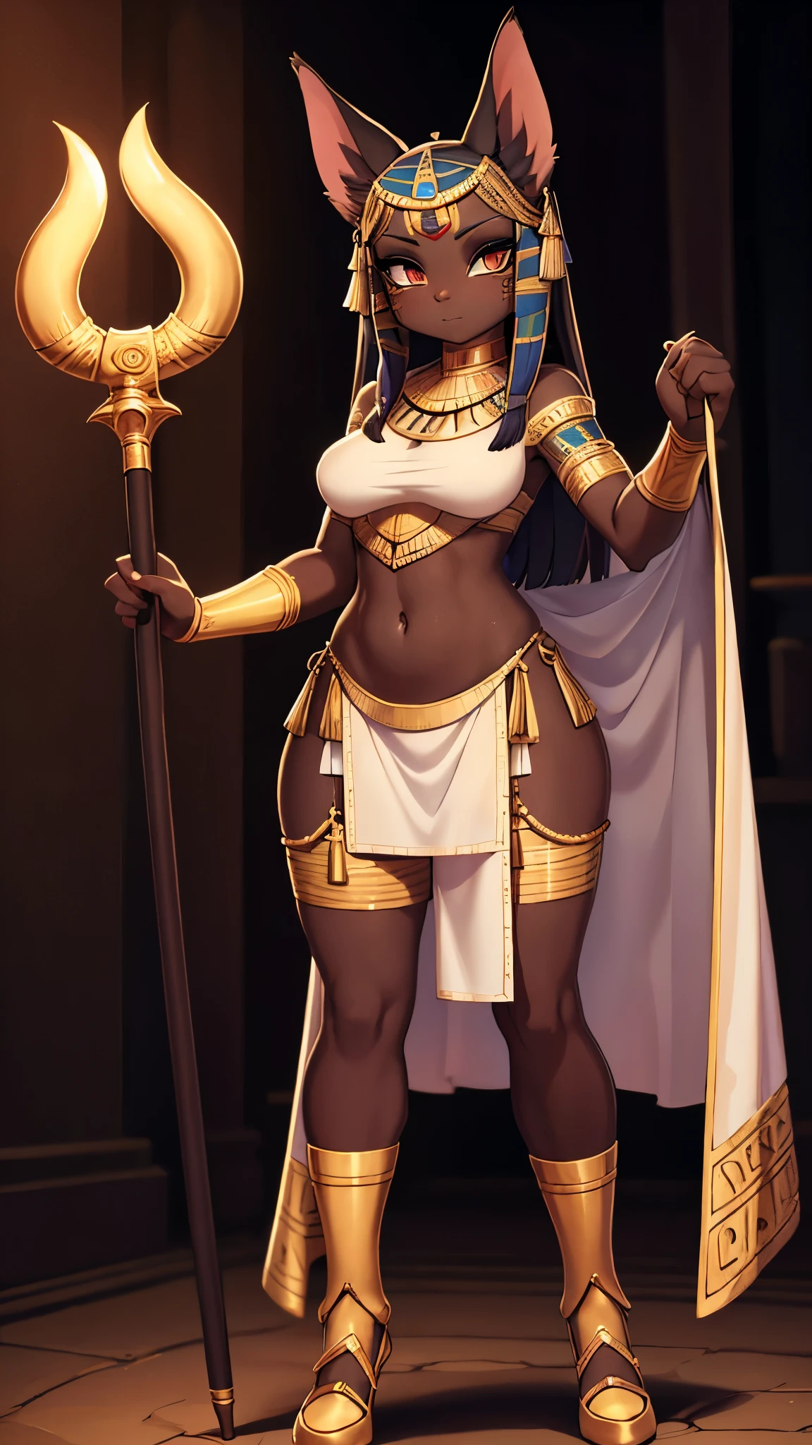 female, black long hair, red eyes, dark skin, (((1girl))), (((black and gold Egyptian armor))), (gold gauntlets), (gold heeled boots), (gold headdress), (gold jewelry), cute and sexy, full body, large breasts, large butt, long legs, smiling, standing