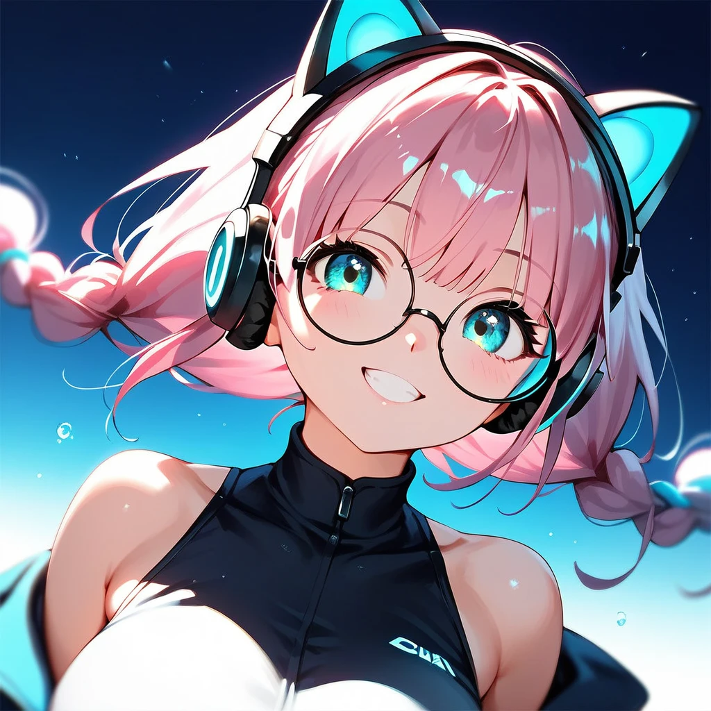  (best quality:1.2), (ultra-detailed:1.2), (2.5D:1.2), (Anime Moe Art Style), 1girl , pink hair,  Cyan eyes, gradient eyes, twin braids, blue Glowing cat ear headphones, black round glasses, large breasts,face focus, smile beam 