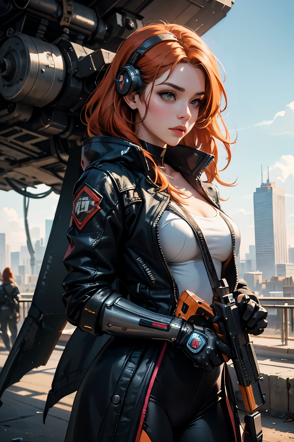 a woman holding a gun and machinery, cyberpunk art inspired by Rosco, art station, fantasy art, high detail digital art 4k, carol is behind, beautiful digital art, 2.5d cgi anime fantasy art, stunning character art, cyborg valkyrie woman, 4k digital art detail, voytec fuzz, 
1 woman, (orange_hair:1.1), (zen, mandala, tangled, en tangled:0.6), (fractional art), most beautiful chaotic pattern, brutalist design, (best quality,4k,8k,highres,masterpiece:1.2),ultra-detailed,(realistic,photorealistic,photo-realistic:1.37)