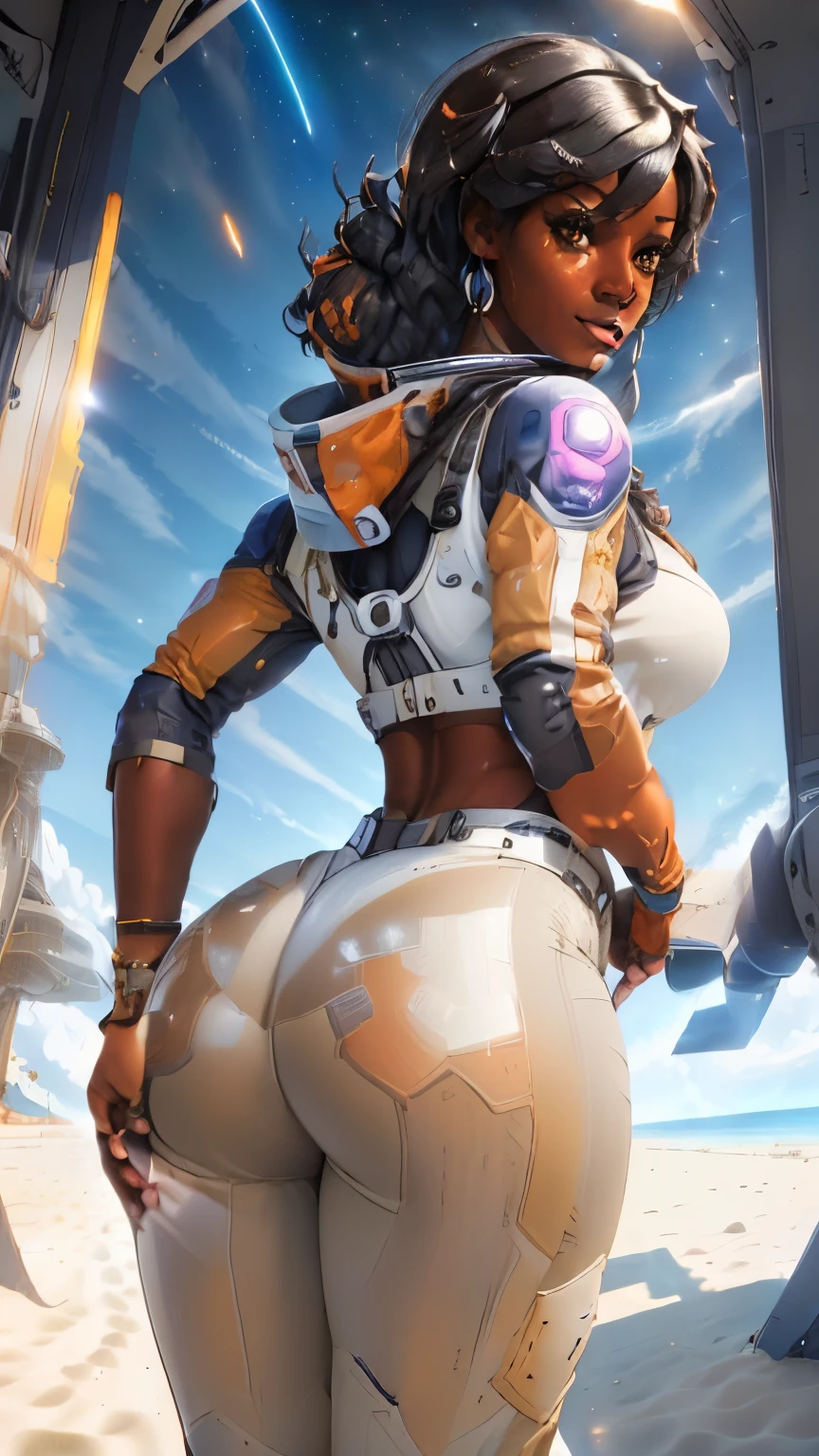  Dark-skinned black woman wearing a space uniform , astronaut uniform, white long pants , orange jacket, (best quality:1.3), (4K quality), 1 mature black woman, (((beautiful black woman ))), (((CoCo Jones))),(((detailed face))) (((dark black skin)))  a close up of a cartoon figure of a black woman in a space uniform, (long white space pants ), ( orange space jacket ),  is in its natural pose , Only the beach in the background , 🐎🍑, Shadow by Overwatch, thick, Widowmaker Overwatch,((( dark black hair ))) ,  perfect realistic shaded body , On the beach , pose sexy, on the beach, dark black skin, (CoCo Jones) (Normani )