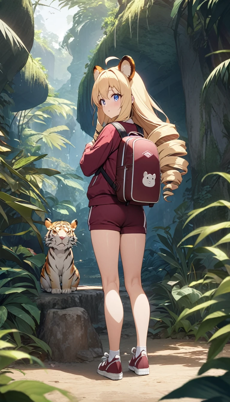 woman、blonde、Long Hair、Drill Hair、Ahoge、Tiger ears、blue eyes、Tree Eyes、Narrow eyes、look up、 maroon sportswear 、 maroon sportswearの長ズボン、Shoes、Carrying a backpack、looking back、A rabbit is peeking at the back of the jungle 、anime、 jungle background 、Best Quality、masterpiece、Detailed explanation、Speedy Shot, cute, Best Hand